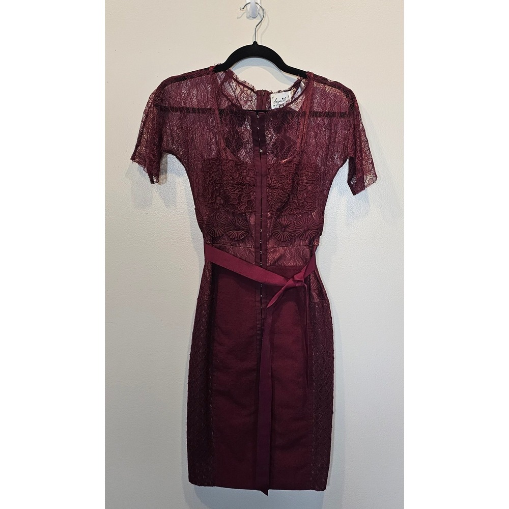 Beguile by Byron Lars Burgundy Lace Sheath Dress Petite 00P Floral Embroidered